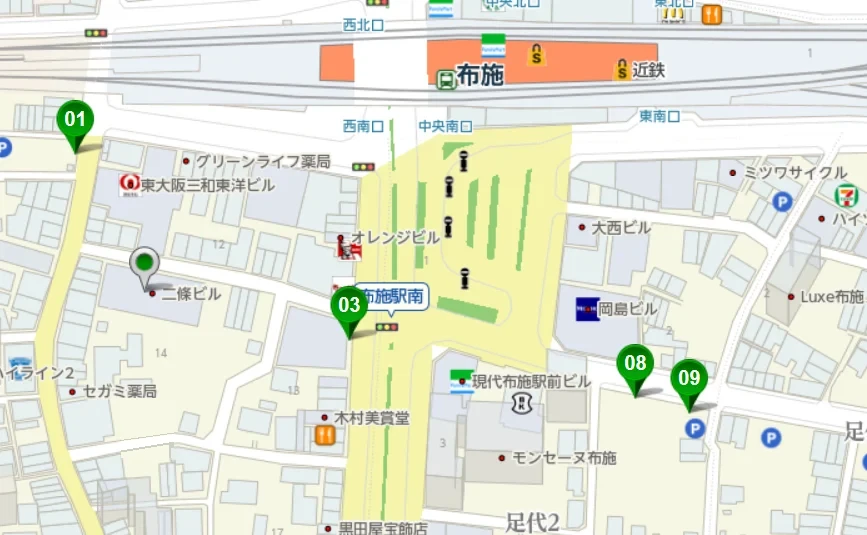 事務所周辺の駐車場の地図（布施駅の南側）